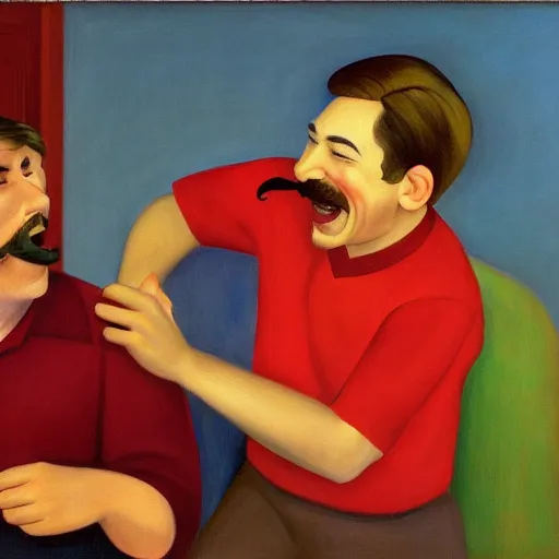 Prompt: long shot of a man with brown hair and mustache laughing with a short brown hair boy with red shirt by pj crook, edward hopper, oil on canvas