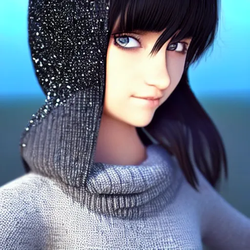 Image similar to beautifully pretty surfer girl, 2 2 years old, black sweater, grey checkered skirt, very cute features, glittery short black hair, blue eyes, universal volumetric lighting, soft glow, by range murata, highly detailed intricately sharp focus, trending on pinterest, unreal engine 5 4 k uhd image