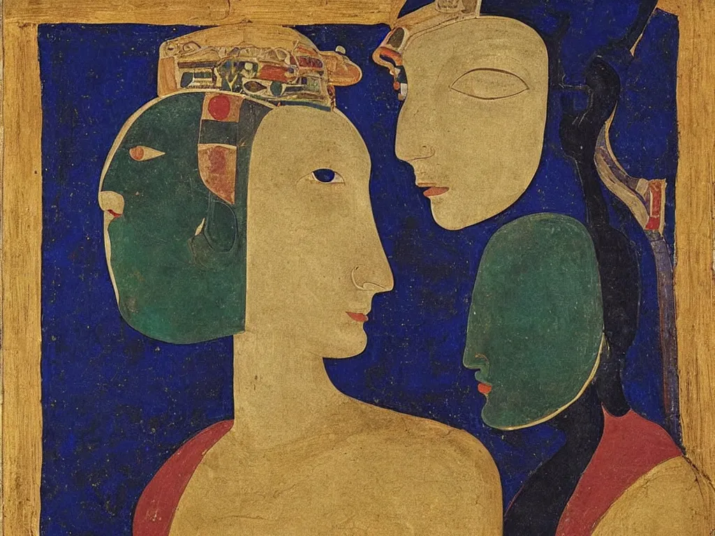 Image similar to portrait of a woman head with tibetan archaic mask. lapis lazuli, malachite, obsidian, gold. painting by piero della francesca, balthus, agnes pelton