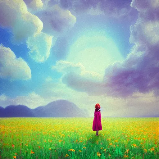 Image similar to girl with a singular flower for a head, surreal photography, dream, standing in flower field, magical, in a valley, sunrise dramatic light, impressionist painting, colorful clouds, artstation, simon stalenhag, flower face