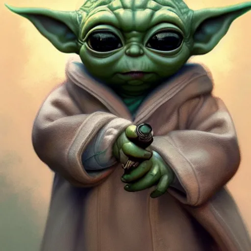 Image similar to Baby Yoda as a loading screen for Grand Theft Auto 5, intricate, highly detailed, digital painting, artstation, concept art, sharp focus, illustration, art by greg rutkowski and alphonse mucha