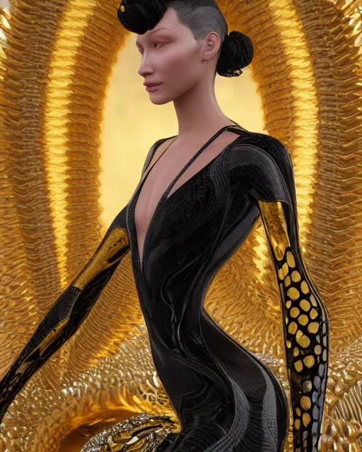 Image similar to a highly detailed metahuman 8 k close up render of bella hadid as a black snake renaissance in iris van herpen dress schiaparelli in diamonds crystals swarovski and jewelry iridescent in style of alphonse mucha gustav klimt trending on artstation made in unreal engine 4