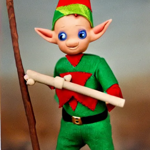 Image similar to an elf with spiky blonde hair wearing tan overalls and holding a stick of dynamite