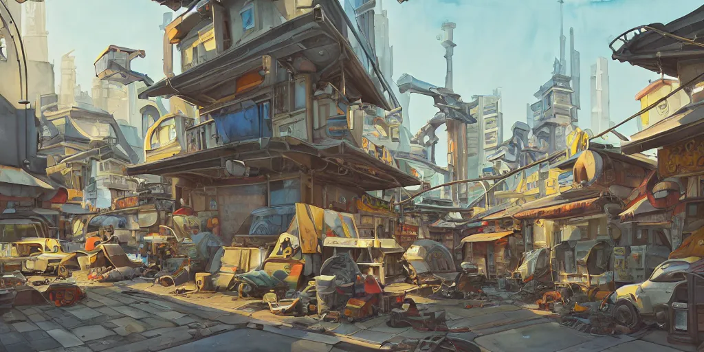 Prompt: overwatch building, stylized, exterior, architecture, in watercolor gouache detailed paintings, insanely detail, artstation, 8 k, futuristic, big medium small, arcane, simon stalenhag, food stall, interesting shapes & form, golden ratio, megastructures, vitaly bulgarov, slums, junkyard, oriental, asian, japanese alleyway