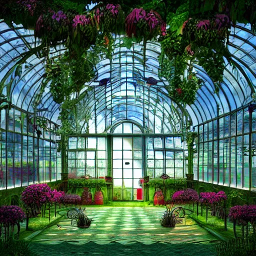 Prompt: a musical bedroom art deco greenhouse. the greenhouse is built into a giant oak tree, ornate, beautiful, atmosphere, vibe, flowers, concept art illustration, greg rutowski, volumetric lighting,