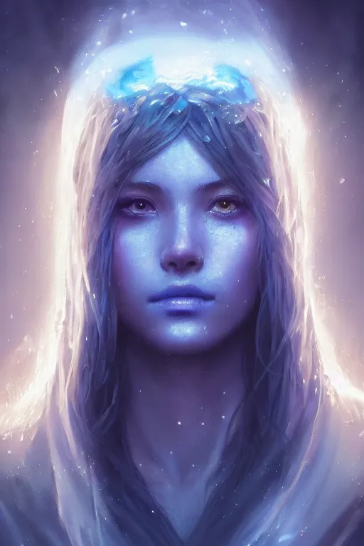 Image similar to a fancy close up portrait of a beautiful light mage covered in deep blue aura by Greg Rutkowski, Sung Choi, Mitchell Mohrhauser, Maciej Kuciara, Johnson Ting, Maxim Verehin, Peter Konig, final fantasy , mythical, 8k photorealistic, cinematic lighting, HD, high details, atmospheric,