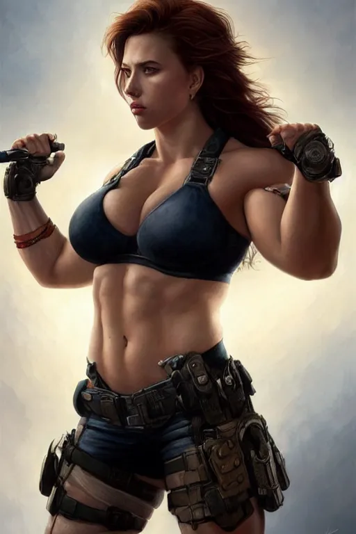 Image similar to detailed portrait of scarlett johansson as a thick female bodybuilder lara croft, attractive, beautiful, fantasy, intricate, elegant, highly detailed, digital painting, artstation, concept art, matte, sharp focus, illustration, art by aenaluck, artgerm and roberto ferri and greg rutkowski, epic fantasy, digital painting