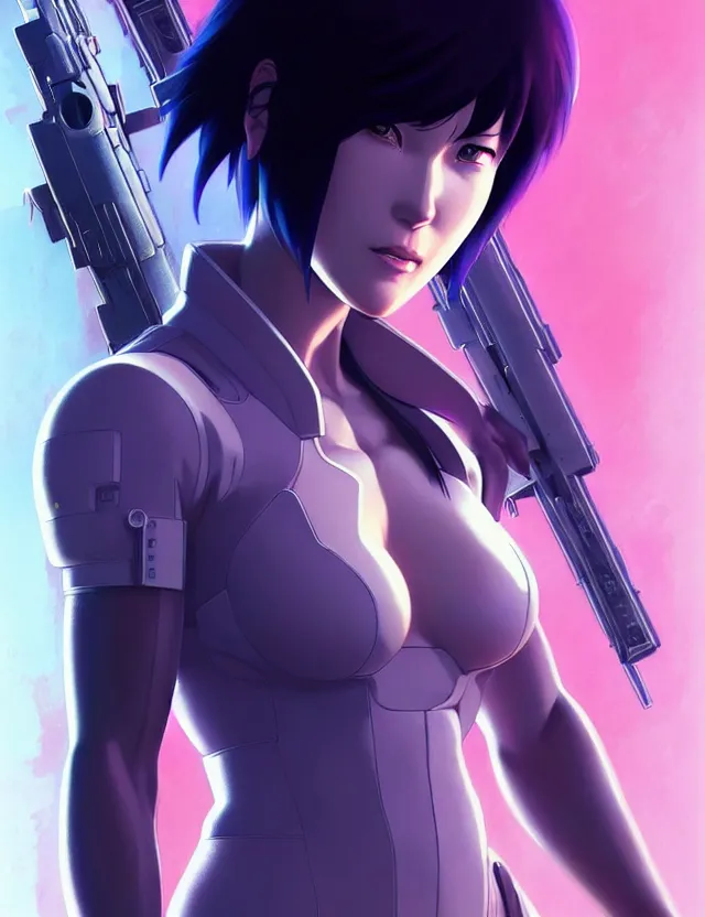 Image similar to a fullbody portrait of motoko kusanagi ghost in the shell, finely detailed features : : gits sac twenty forty five netflix : : by ilya kuvshinov, rossdraws, artgerm, sola digital arts, production ig, anti aliasing, raytracing : :