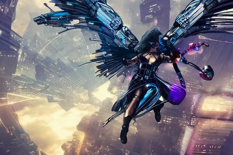 Prompt: Cyberpunk valkyrie flying over a futuristic battlefield. Voluptuous. Beautiful.