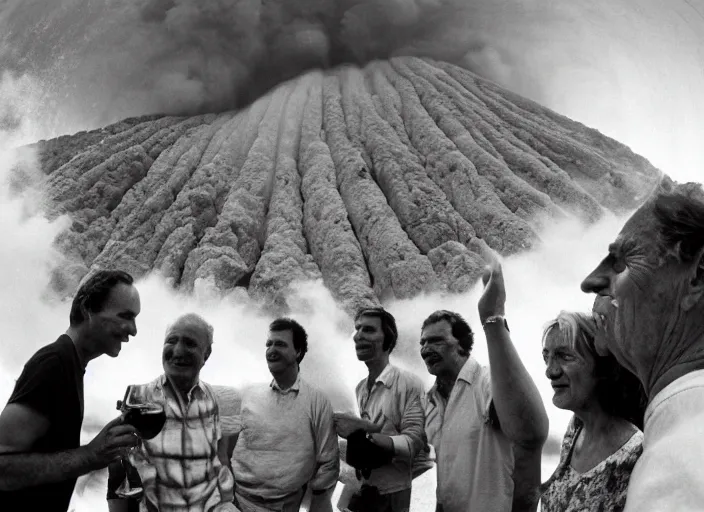 Prompt: quality old photo of average greeks drink wine and have fun against the backdrop of mount vesuvius starting to erupt by sebastian salgado, fisheye 4, 5 mm, diffused backlight