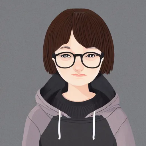 Prompt: portrait of a teenage girl with bangs, brown hair and bangs, round silver glasses with thin rims, wearing a gray hoodie with black sleeves, digital art, elegant pose, illustration with thick lineart