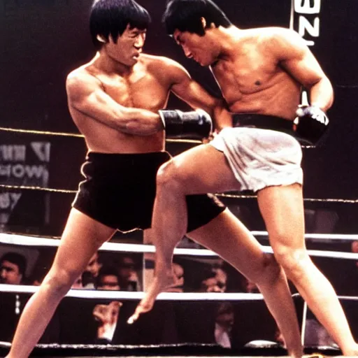 Prompt: bruce lee fighting a heavyweight champion, ufc broadcast, pay per view