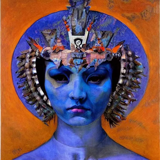 Image similar to the raven queen in her crown, by Annie Swynnerton and Nicholas Roerich and Diego Rivera, blue skin, elaborate costume, geometric ornament, rich color, dramatic cinematic lighting, smooth, sharp focus, extremely detailed