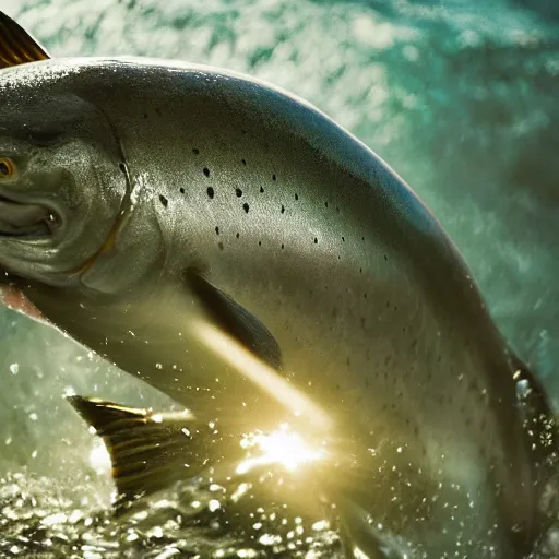 Image similar to movie still of a jumping salmon in alaska, splash art, photorealistic features, cinematic lighting, dramatic, octane render, long lens, shallow depth of field, bokeh, anamorphic lens flare, hyper detailed, 3 5 mm film grain