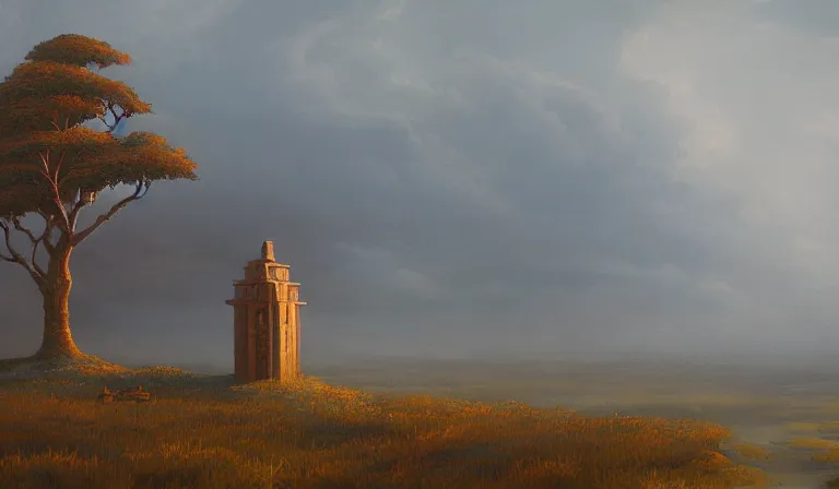 Image similar to A serene landscape with a singular building in the style of Michael Whelan.