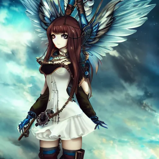 Image similar to anime girl with steampunk wings and steampunk weapons, portrait, finely detailed, epic, intense, cinematic lighting,