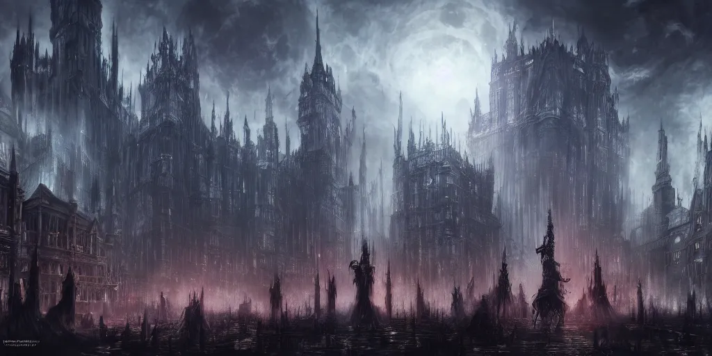 Image similar to a huge crowded megacity in the style of bloodborne, dark souls, demon souls, gothic art, dark fantasy, concept art, digital painting, volumetric lighting, trending on art station, night time, moon light, god rays, highly detailed