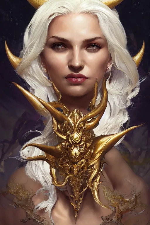 Prompt: fullbody!! dynamic action pose, beautiful woman with white hair, big natural horns on her head, gold jewellery, dnd, face, fantasy, intricate, elegant, highly detailed, digital painting, artstation, concept art, smooth, sharp focus, illustration, art by artgerm and greg rutkowski and alphonse mucha