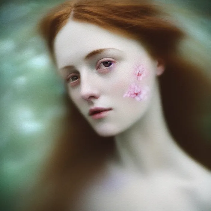 Image similar to Kodak Portra 400, 8K,ARTSTATION, Caroline Gariba, soft light, volumetric lighting, highly detailed, britt marling style 3/4 , extreme Close-up portrait photography of a beautiful woman how pre-Raphaelites,inspired by Ophelia paint, the face emerges from water of Pamukkale, hair are intricate with highly detailed realistic beautiful flowers , Realistic, Refined, Highly Detailed, interstellar outdoor soft pastel lighting colors scheme, outdoor fine art photography, Hyper realistic, photo realistic