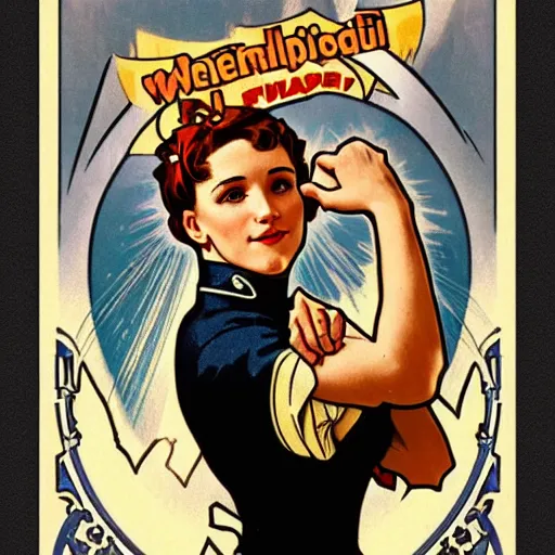 Image similar to a portrait of Rosie the riveter by Alphonse Mucha, art nouveau card, concept art, wlop, trending on artstation, 8k