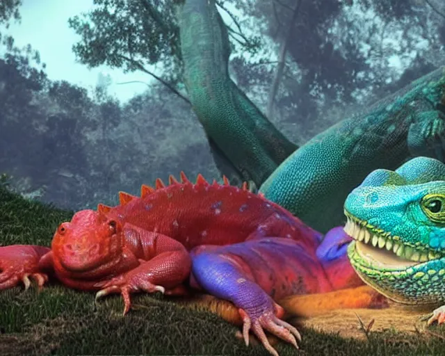 Image similar to of a very beautiful scene. ambient occlusion render. a sweet fat old woman is giving birth to a huge colorful lizard. hyper realistic. 4 k. wide angle. wild. symmetrical face, red mouth, blue eyes. deep focus, lovely scene. ambient occlusion render. concept art. unreal engine.