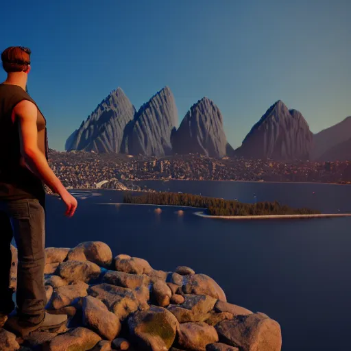 Prompt: a man standing in front of a city with mountains in the distance, 3 d, unreal engine, extremely detailed, artstation, artstationhq, artstationhd, 4 k, 8 k, ultra high res