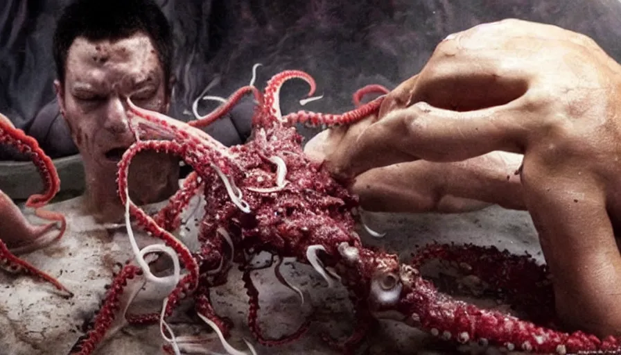 Prompt: Big budget horror movie, a squid bloodily rips out a man's intestines while a cyborg watches an octopus