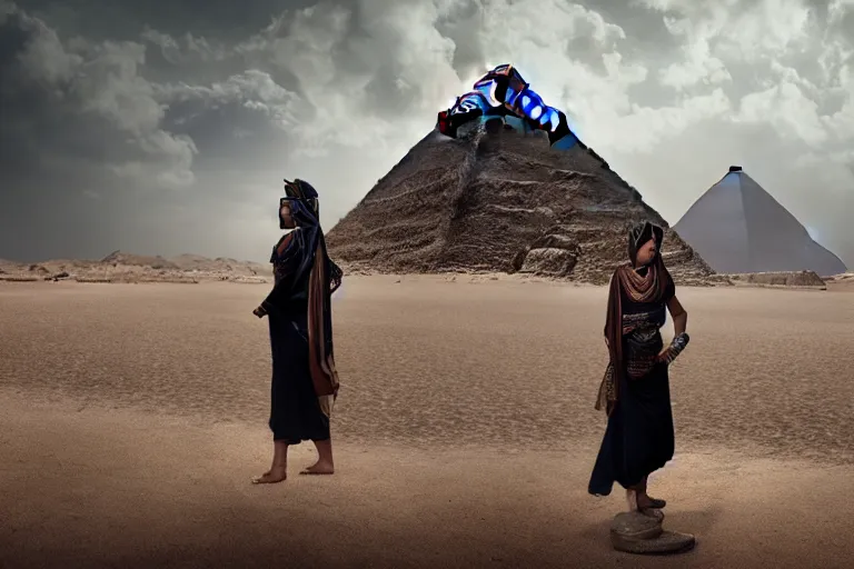 Prompt: a cinematic photograph of a beautiful woman wearing egyptian clothing stood on a pyramid overlooking a vast dystopian desert landscape with a river, rainy day, beautiful lighting, depth, accurate details, by marco mazzoni and zack snyder