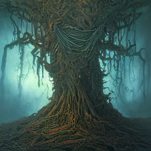 Prompt: Photorealistic tree of evil in the style of Michael Whelan and Gustave Dore. Hyperdetailed photorealism, 108 megapixels, amazing depth, glowing rich colors, powerful imagery, psychedelic Overtones, 3D finalrender, 3d shading, cinematic lighting, artstation concept art