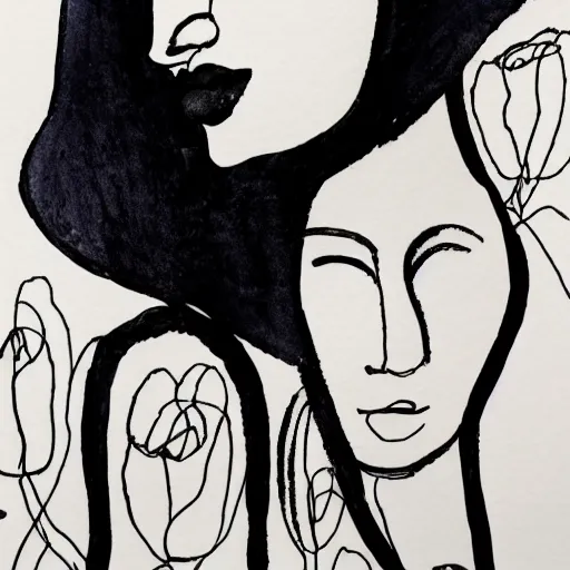 Prompt: Abstract line drawing of a woman’s face with watercolour flowers in the background,