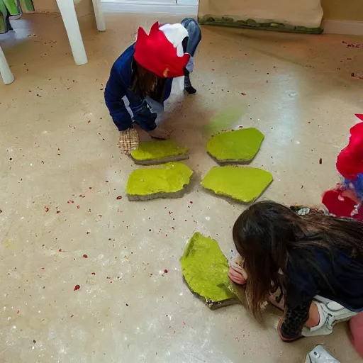 Prompt: Berries smashed together making paint splatters on the floor in the caveman house while a few dinosaurs are walking around.