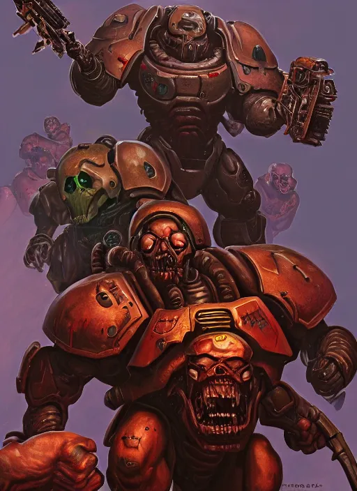 Image similar to ( doom ) cover featuring doom guy!! space marine!! surrounded by demons, by jimmy presler, artstation, vivid gaze