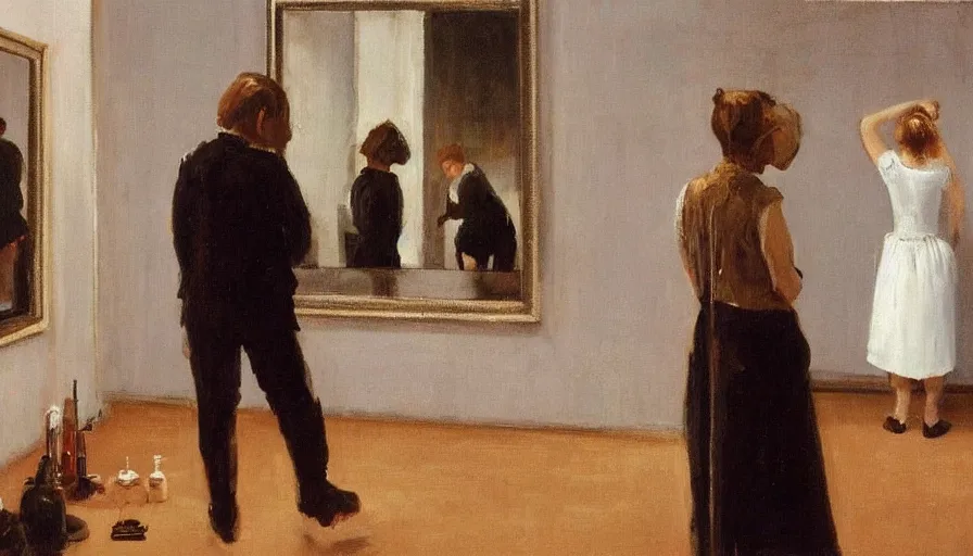 Prompt: painting by borremans, man back standing in front on the mirror in opera theatre and blond hairs woman with fish tank, detailed, stunning