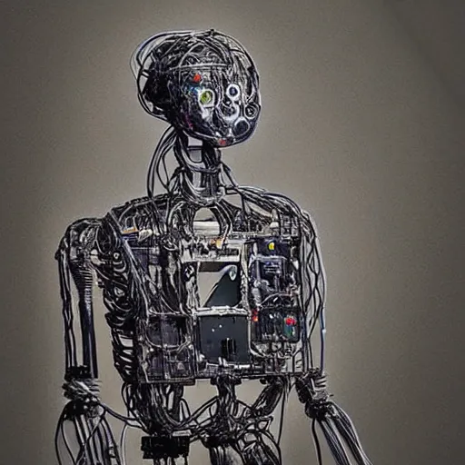 Prompt: “ hyperreal 8 k drawing art station trending of humanoid robot made from wiring and steel debris found in a scrapyard ”