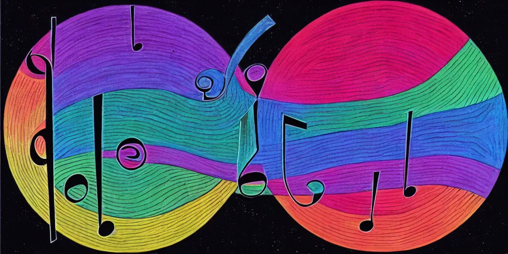 Image similar to musical notes, a curvy staff of musical notation in the style of Pink Floyd Dark Side of the Moon