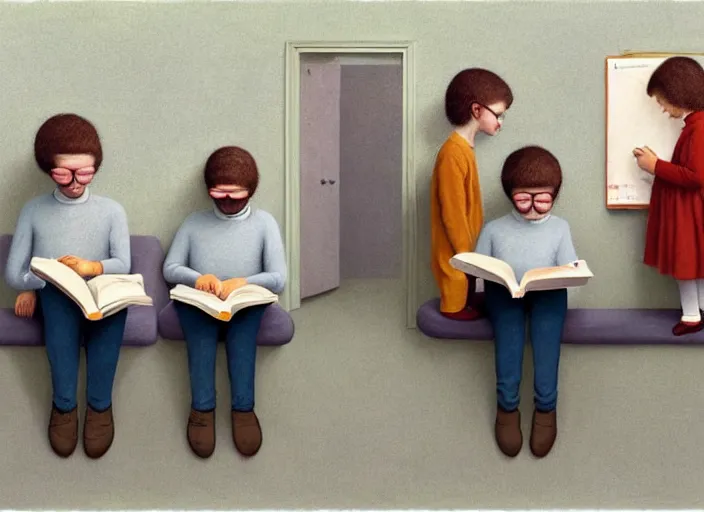 Prompt: a very boring day in school, kids wearing identical clothes reading books, teachers without faces, painting by quint buchholz and ray caesar, muted colors, gray, dull, boring, low energy, pale blue faces, very detailed