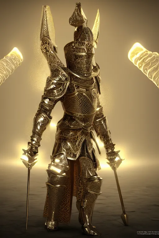 Prompt: a holy knight in ornate godly armor made of bone, harnessing holy light, vfx, particle effects, unreal engine 5, 8k octane render, God rays, post processing