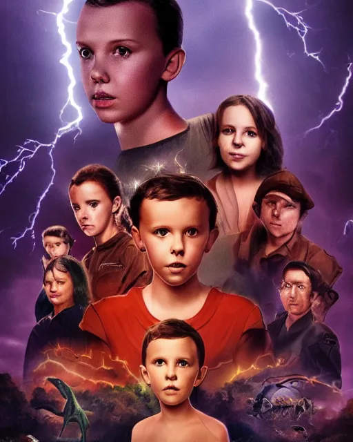 Prompt: Poster of Millie Bobby Brown in a jungle of lightning