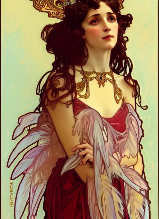 Image similar to ( ( ( alphonse mucha ) ) ) ombre velvet gown, feathers, lovely languid princess, portrait, long hair, tiara, jeweled choker, by greg rutkowski, anato finnstark, global illumination, radiant light