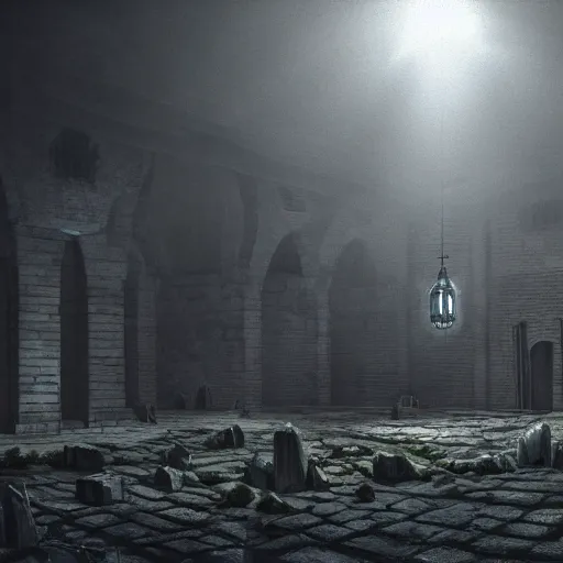 Image similar to underground cavernous necropolis with a lone beam of light illuminating it, digital painting, cinematic lighting, photorealistic