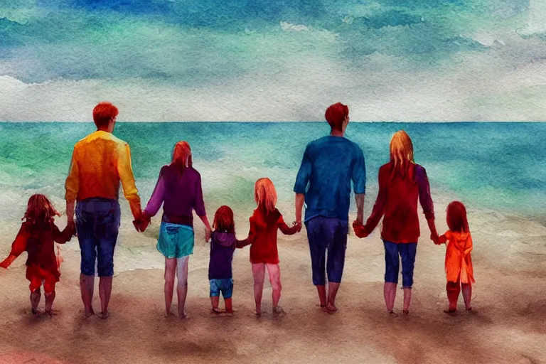 Image similar to family on the beach, holding hands, far - view, art, cinematic composition, octane render, high detail, 8 k, artstation trending, watercolor, artwork by tooth wu, colorful contrast, very coherent, thick lineart