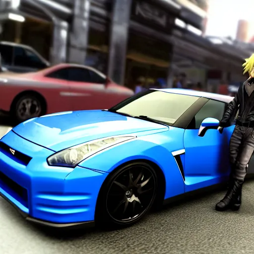 Prompt: cloud strife driving a nissan gt - r