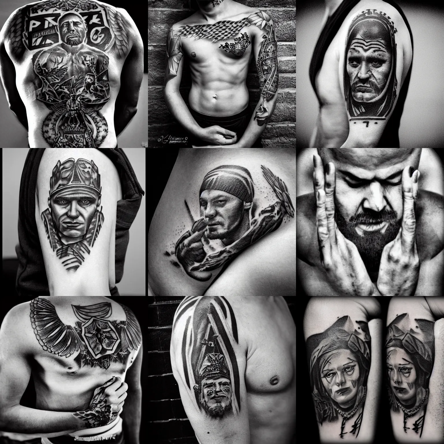 Prompt: black and white photorealistic photo of russian prison tattoos, russian criminal tattoos, nakolki, sergei vasiliev photography