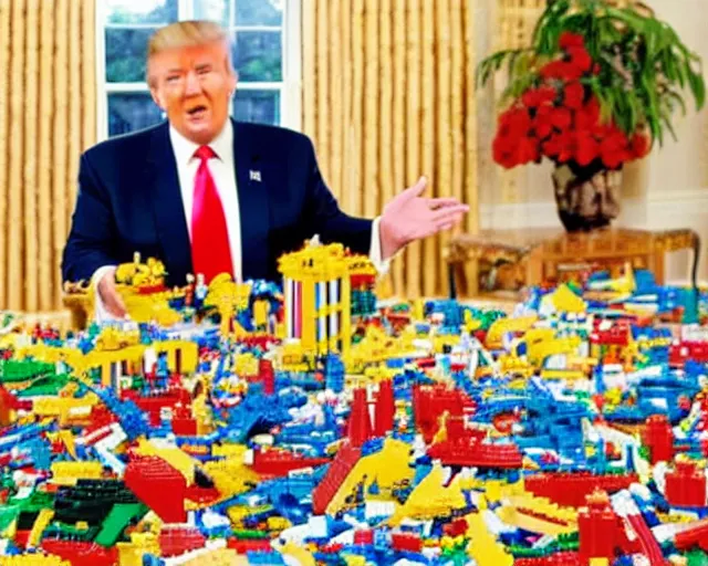 Prompt: color still photo of donald trump on the floor playing with mar - a - lago legos set, detailed, face close - up