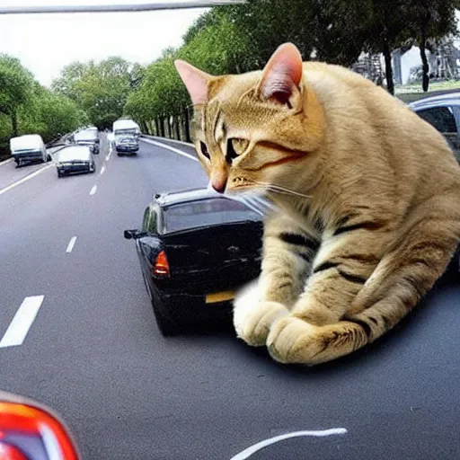 Image similar to giant cat in traffic, ultra realistic, very realistic