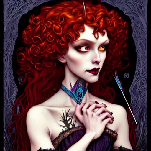 Prompt: a dark gothic version of Princess Merida, face, fantasy, intricate, elegant, highly detailed, digital painting, artstation, concept art, smooth, sharp focus, illustration, art by Gerald Brom and Jasmine Becket-Griffith and Fernanda Suarez and alphonse mucha
