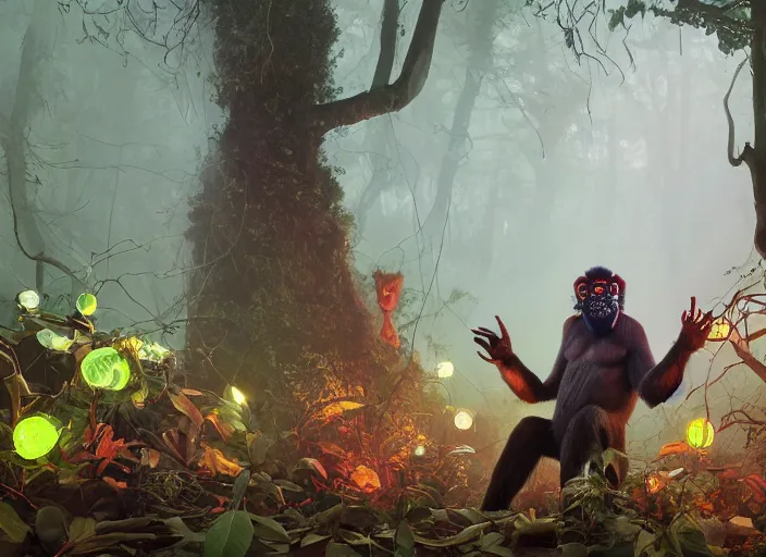 Image similar to a few safety cones in a beautiful strange forest, a man in a hairy gorrilla costume sri lankan yakka mahasohna devil beast in a mask stands in the center distance, cinematic painting by james jean, atomspheric lighting, moody lighting, dappled light, detailed, digital art, limited color palette, wes anderson, artstation, 2 4 mm lens, surreal