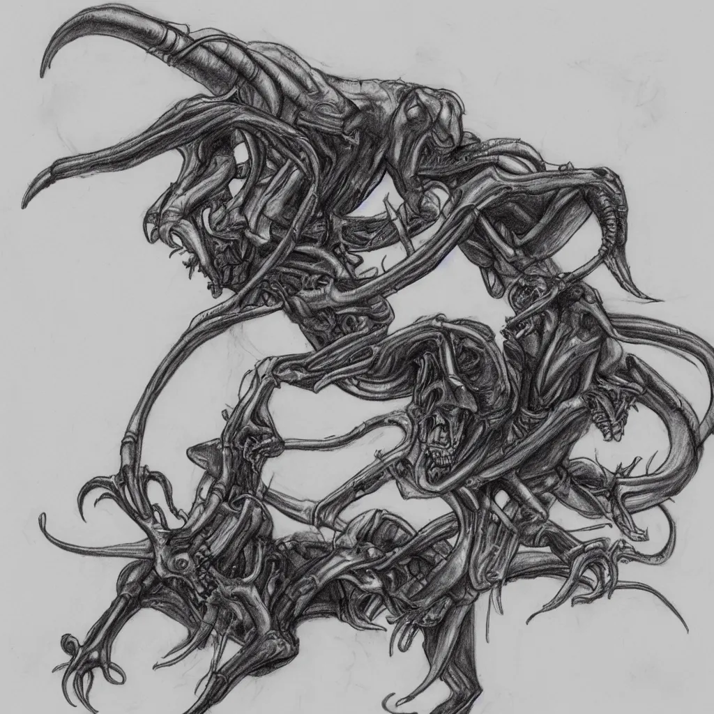 Prompt: a pencil sketch of a cowboy riding a xenomorph, white background
