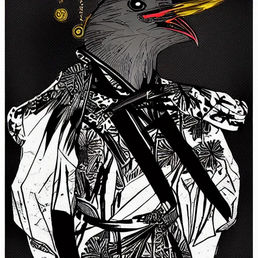 Image similar to a portrait of Black bird as samurai, detailed, editorial illustration, matte print, concept art, ink style sketch,