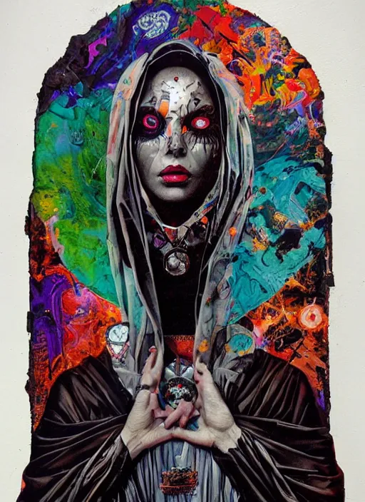 Prompt: acid tripping cult magic psychic woman, subjective consciousness psychedelic, epic surrealism expressionism symbolism story iconic, dark robed witch, oil painting, robe, symmetrical face, greek dark myth, by Sandra Chevrier, Gerald Brom masterpiece